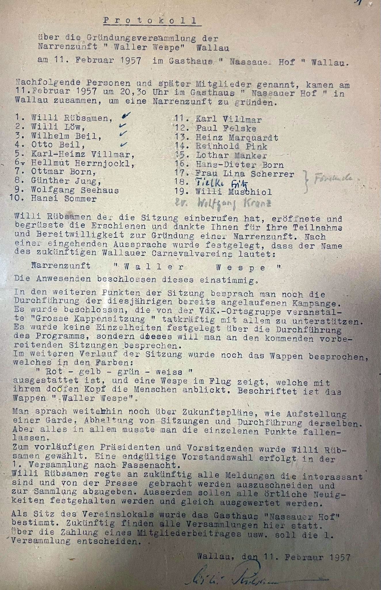 Gründungsprotokoll Waller Wespe